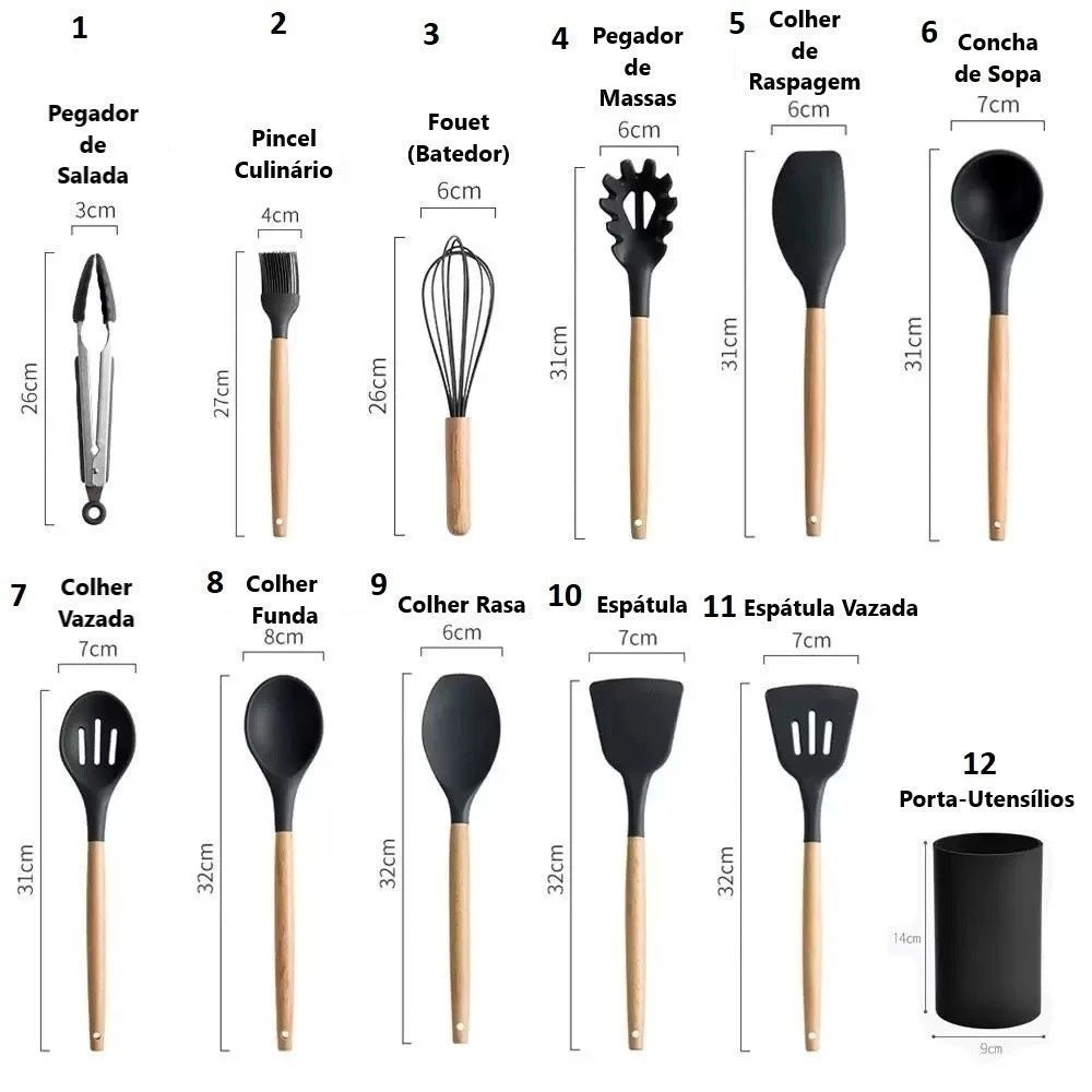 Kit Utensílios de Cozinha 12 Peças Silicone Antiaderente com Cabo de Madeira + Suporte Organizador