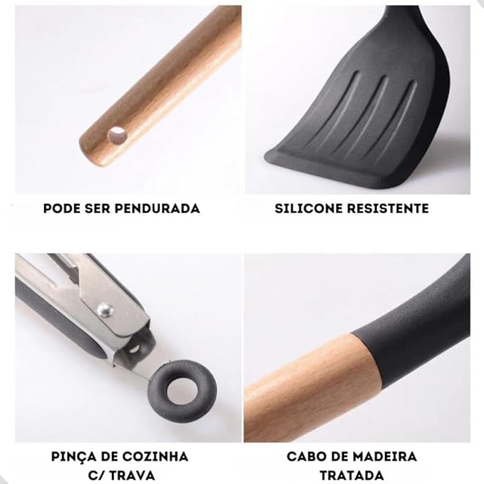Kit Utensílios de Cozinha 12 Peças Silicone Antiaderente com Cabo de Madeira + Suporte Organizador