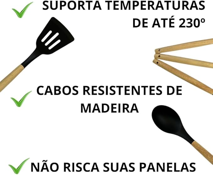 Kit Utensílios de Cozinha 12 Peças Silicone Antiaderente com Cabo de Madeira + Suporte Organizador