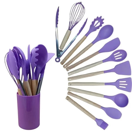 Kit Utensílios de Cozinha 12 Peças Silicone Antiaderente com Cabo de Madeira + Suporte Organizador