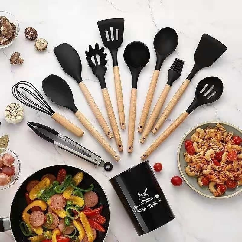 Kit Utensílios de Cozinha 12 Peças Silicone Antiaderente com Cabo de Madeira + Suporte Organizador